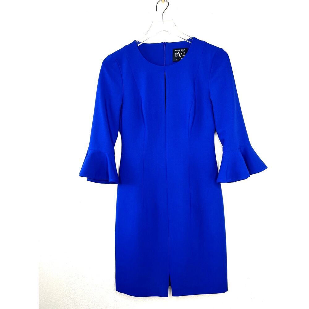 Black Halo Eve Royal Blue Sheath Dress 3/4 Bell Sleeve Keyhole Neckline 2